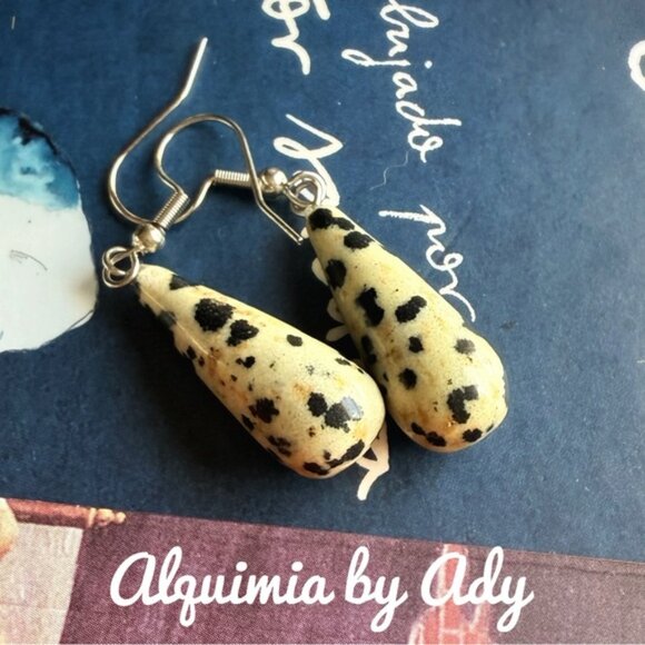 Alquimia Jewelry - Tan and black luxury Dalmatian jasper big drop earrings
